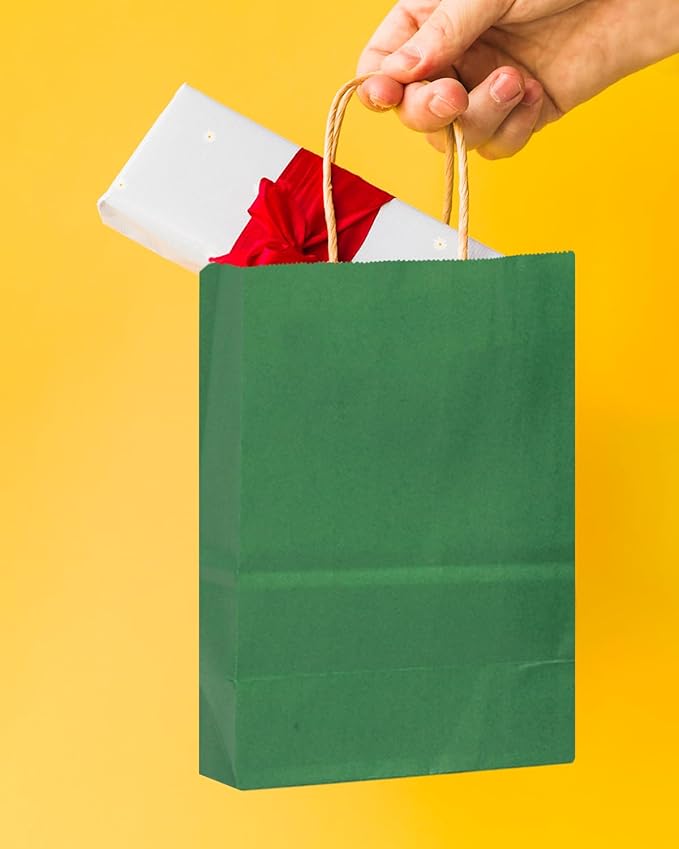 qiqee 24 Pcs Deep Green Mini Paper Gift Bags with Handles 6"x4.5"x2.5" Small Brown Kraft Party Favor Bags Treat Bags Multiple Uses (Mini size)