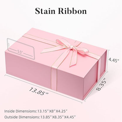 LIFELUM Pink Gift Boxes with Lids for Presents 5 Pack 13.85x8.35x4.45 Inch Gift Boxes with Ribbon,Card,Shredded Paper Filler Magnetic Gift Box for Wedding Gifts