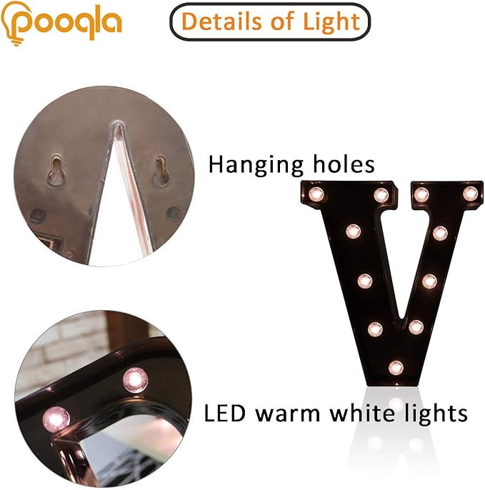 Decorative LED Illuminated Letter Marquee Sign - Alphabet Marquee Letters with Lights For Wedding Birthday Party Christmas Night Light Lamp Home Bar Decoration V, Black