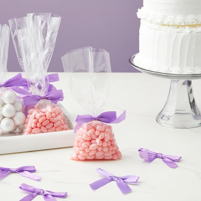 Bright Creations 100 Pack Purple Twist Tie Bows for Treat Bags, 3" Small Satin Ribbons for Craft Decoration, Gift Wrap, Themed Party Favors, Baked Goods - Purple Bow