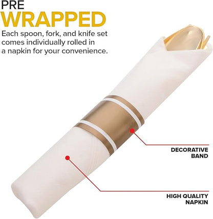 400PCS Pre Rolled Gold Plastic Silverware Sets - Heavy Duty Fancy Gold Cutlery - Include 100 Pack Wrapped Disposable Utensils with Napkins for Parties, Dinners & Weddings