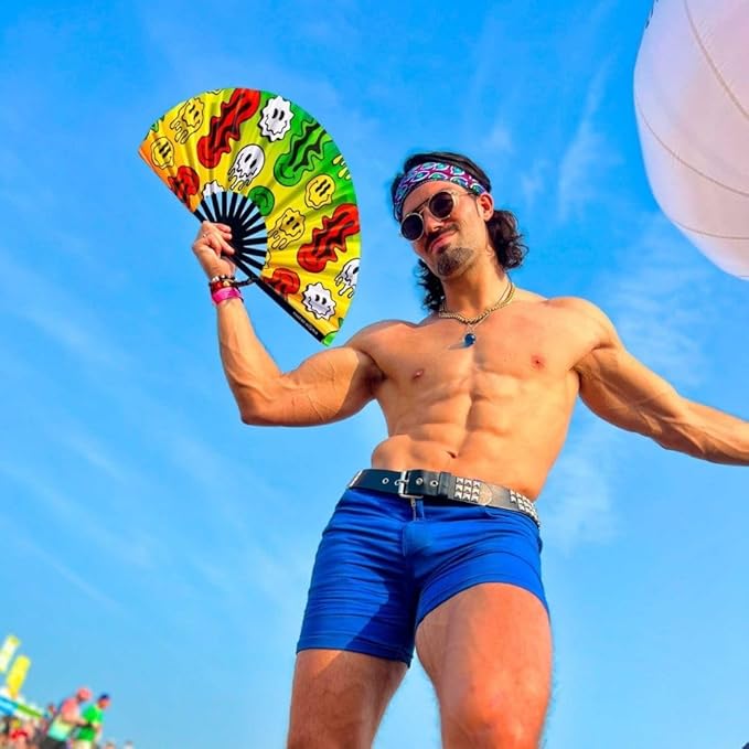 Kandies World UV Reactive Custom Festival Folding Hand Fan - Unique Designs, Made of Bamboo, Clacking Sound, Lightweight - Perfect Rave and Festival Accessory!