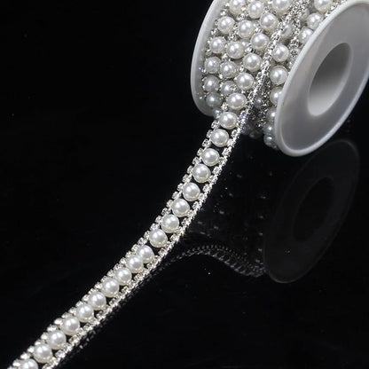 PEARLY JUN 1 Yard Pearl Rhinestone Trim Chain Silver Crystal Fringe Diamond Applique Ribbon String Tassel Strip (Silver-150, 1 Yard)