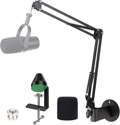 YOUSHARES MV7 Wall Mount Boom Arm Stand with Mic Windscreen and Table Mount Clamp, Mic Stand Arm with Pop Filter Compatible with Shure MV7 and Shure MV7X Microphone