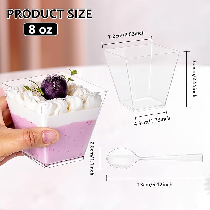 YOUBET 102 PCS Plastic Dessert Cups - 8oz Clear Square Cups - 51 Pack Mini Appetizer Cup with Tasting Spoons for Pudding, Fruit, Yogurt Parfait and Ice Cream