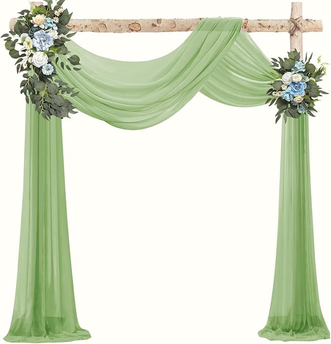 VOK Sage Green Wedding Arch Draping Fabric 29in x 18Ft 4 Panels Sheer Chiffon Curtain Drapes Extra Long for Outdoor Wedding Ceremony Birthday Party Decoration