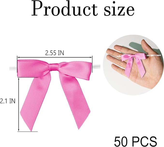 50Pcs Rose Red Twist Tie Bows for Gift Wrapping 2.5" Satin Ribbon Bow for Treat Bags Cake Balloons Birthday Party Favors Wedding Decorations