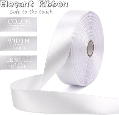 White Solid Satin Ribbon 1 Inch 50 Yards Solid Polyester Fabric Ribbon for Gift Wrapping Wedding Christmas Baby Shower Birthday Party Decoration Handmade Immortal Flower Craft