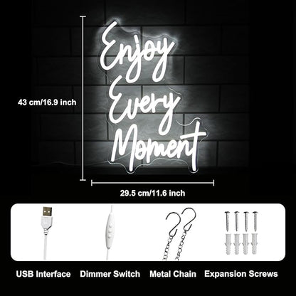 Enjoy Every Moment Neon Signs for Wall White Letter Neon Lights LED Letter Sign Dimmable Words Light Up Signs for Bedroom Bar Restaurant Salon Party Decor