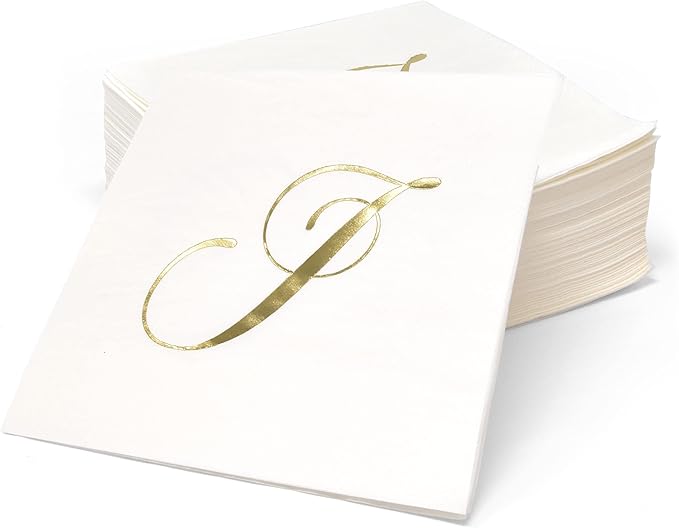 Gift Boutique 100 Gold Foil Monogram J Cocktail Napkins Disposable Paper Hand Towels for Wedding Baby Shower Holiday Party Powder Room Decor