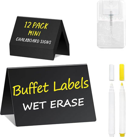 PigPotParty 4"x3" Mini Chalkboard Signs for Food, 12 Pcs Food Signs for Party Buffet, Small Chalk Board Food Labels, Table Place Cards, Wedding - Bakery - Birthday, Includes 2 Wet Erase Markers