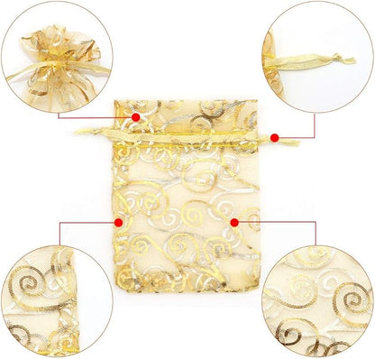 Staruby Organza Gift Bag 100Pcs Gold Sheer Organza Bag Mesh Favor Bags Drawstring Jewelry Rattan Printed Gift Pouches for Wedding Party Favors Couple Shower Christmas Gifts Candy Bags (3x4 Inches)