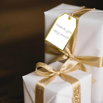 100Pcs Gold Gift Tags with String Attached Foil Gold Frame Large White Paper Gift Tags Presents with 65 Ft Jute Twine for Christmas Holiday Baby Shower Wedding Birthday Gift Wrap Tags