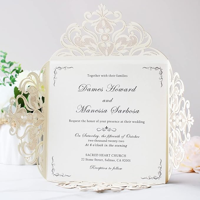 Hosmsua 6.3 x 6.3 Inch 50PCS Gold Glitter Laser Cut Wedding invitation Cards with Envelopes Hollow Lace Rose Invitation for Engagement Wedding Bridal Shower Invite (Gold Glitter)