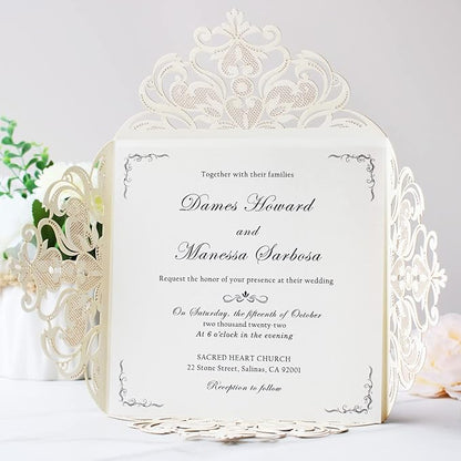 Hosmsua 6.3 x 6.3 Inch 50PCS Gold Glitter Laser Cut Wedding invitation Cards with Envelopes Hollow Lace Rose Invitation for Engagement Wedding Bridal Shower Invite (Gold Glitter)
