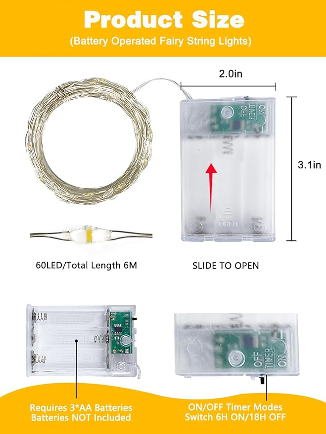 2 Pack 20FT 60LED Battery Operated Fairy Lights with Timer, Waterproof Battery String Lights Outdoor Indoor, Battery Twinkle Light for Bedroom Wedding Birthday Party Chirstmas (Warm White)