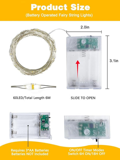 6 Pack Fairy Lights Battery Operated with Timer, Each 20FT 60LED Christmas String Lights Outdoor Indoor, Cuttable Battery Twinkle Light for Bedroom Home Wedding DIY Christmas Decorations (Warm White)
