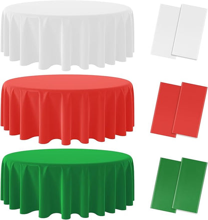 6 Pack Christmas Round Disposable Tablecloth, Red White Green Circle Plastic Tablecloth Bulk, Italy Theme Table Covers for Christmas Family Gathering Dining Banquet Italian Party Decoration,84inch