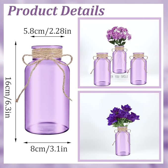 Vintage Glass Flower Vase，6 Pack Farmhouse Purple Glass Centerpiece Vases Mason Jars for Weddings, Parties & Home Decor Bulk (6, Purple)