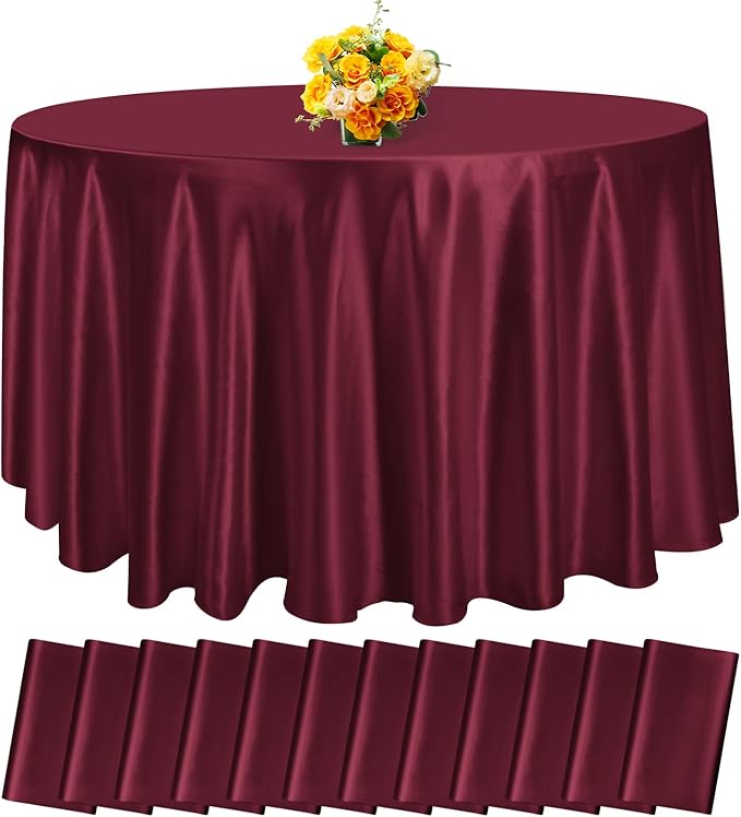 fani 12 Pack 120 Inch Burgundy Satin Tablecloth - Premium Bright Silky Round Tablecloth Overlay Smooth Fabric Table Cover, Table Decoration for Wedding Party Banquet Events Restaurant Kitchen Dining