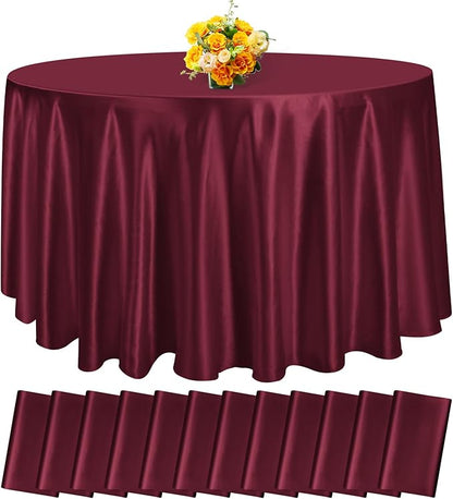 fani 12 Pack 120 Inch Burgundy Satin Tablecloth - Premium Bright Silky Round Tablecloth Overlay Smooth Fabric Table Cover, Table Decoration for Wedding Party Banquet Events Restaurant Kitchen Dining