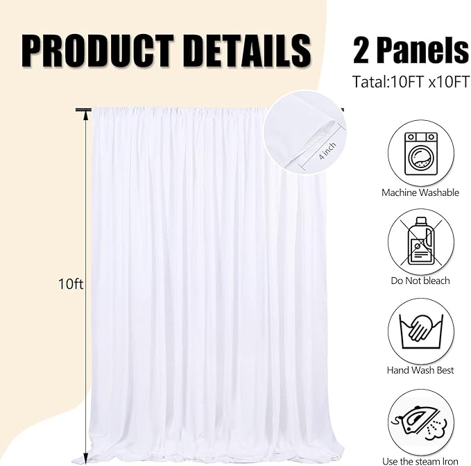 10ft x 10ft White Backdrop Curtains for Parties, Fabric Satin Background Curtain with Rod Pockets for Weddings, Birthday, Baby Shower, Photography, Graduation Party Backdrop Drapes, 2 Panels
