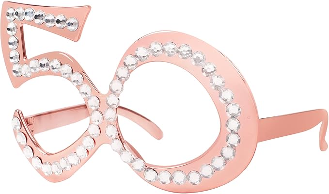 50th Birthday Glasses - 6 Pairs Rose Gold 50 Years Old Glasses with Rhinestones, Funny Plastic Costume Photo Booth Prop