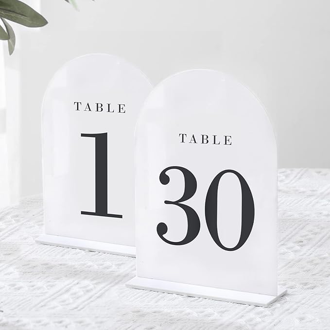 UNIQOOO White Arch Wedding Table Numbers with Stands 1-30, 5x7" Acrylic Signs and Holders, Perfect for Centerpiece, Reception, Decoration, Party, Anniversary, Event
