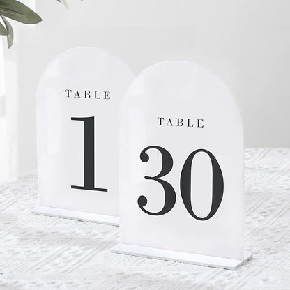 UNIQOOO White Arch Wedding Table Numbers with Stands 1-30, 5x7" Acrylic Signs and Holders, Perfect for Centerpiece, Reception, Decoration, Party, Anniversary, Event