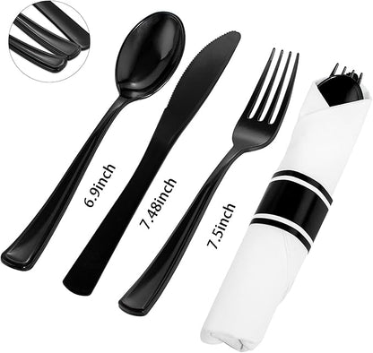Supernal 60 Pack Hevy Duty Rolled Black Plastic Silverware,Pre Wrapped Cutlery with Napkins, Rolled Plastic Forks and Spoons, Black Disposable Silverware Suit for Party, Birthday