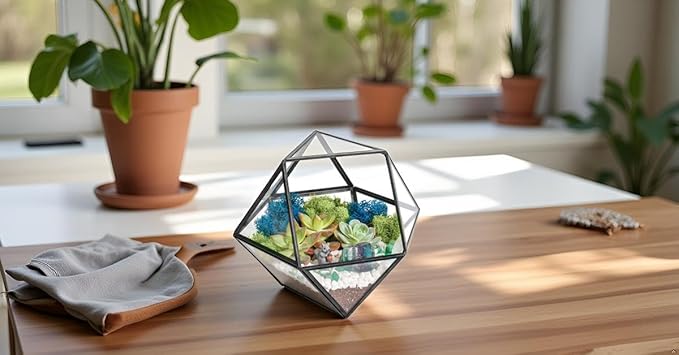 DIY 7" Geometric Terrarium Kit - Build Your Own Glass Terrarium for Adults & Kids with Moss, Crystals, Tools & Decorative Figurine - Mini Ecosystem - Handcrafted in The USA