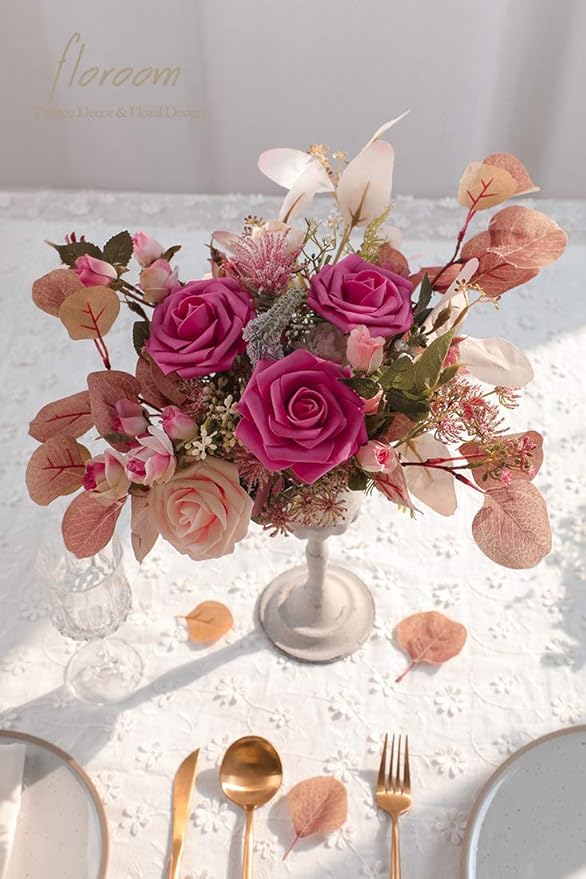 Floroom Artificial Flowers 25pcs Real Looking Hot Pink Foam Fake Roses with Stems for DIY Wedding Bouquets Bridal Shower Centerpieces Floral Arrangements Party Tables Home Decorations