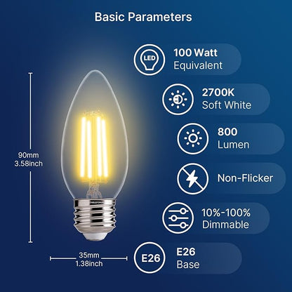 FLSNT 100W Equivalent LED Candelabra Bulbs, 800LM Dimmable LED Chandelier Light Bulbs, 2700K Soft White, E26 Base, 6 Pack UL Listed.