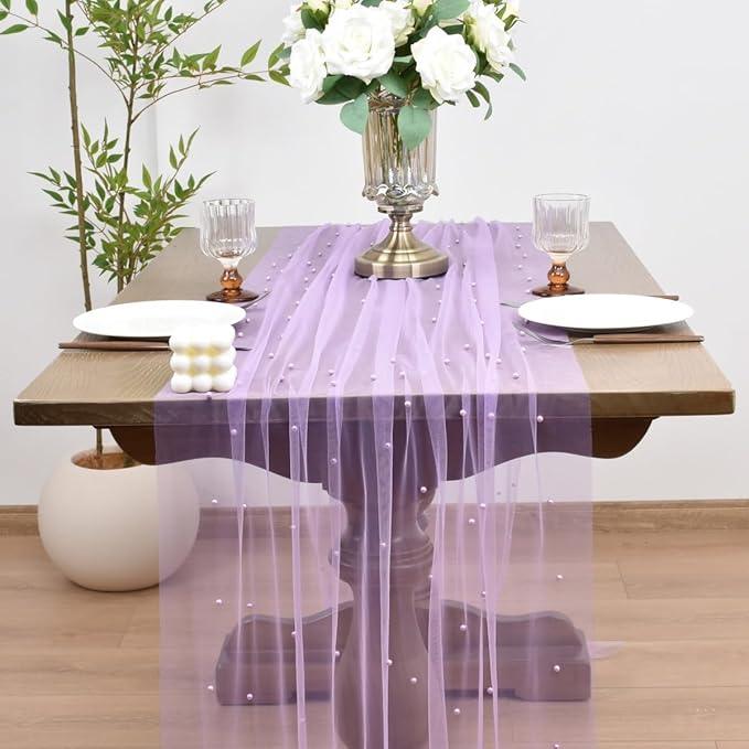Joanlody Fall Pearl Table Runner 10ft Rustic Boho Tulle Table Runner with Pearls for Baby Shower Wedding Party Veil Dessert Thanksgiving Table Decor Lilac 4pcs