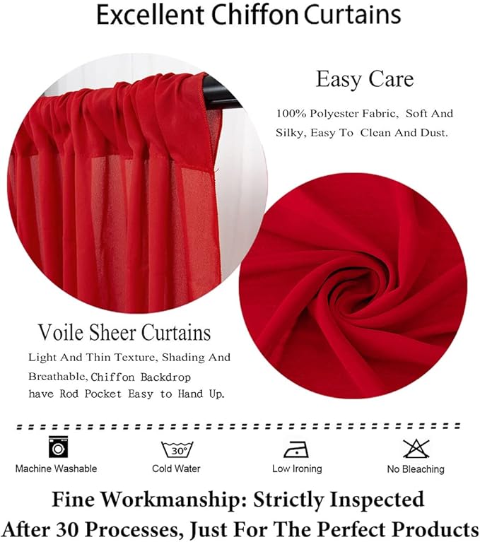 DUOBAO Red Chiffon Backdrop Curtain - 2 Panels 58x120-Inch, Elegant Wedding & Party Decor, 10FT Long Sheer Drapes for Living Room & Photography
