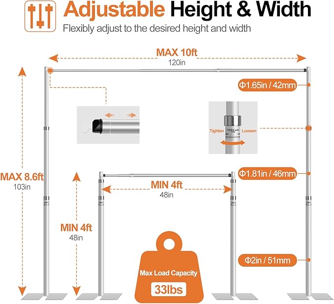 FUDESY Pipe and Drape Backdrop Stand Kit, 8.6x10ft Heavy Duty Backdrop Stand Adjustable Background Frame with Metal Base for Photography Wedding Parties Events Decoration