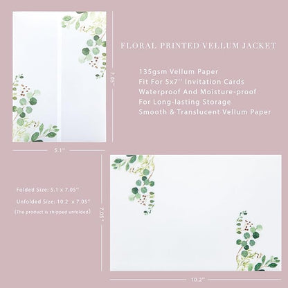PONATIA 50 PCS Vellum Jackets for 5x7 Invitation Cards- 135GSM Green Eucalyptus Vellum Sleeves, Wedding Invitations Wraps Transparent Christmas Gift Cards Jackets
