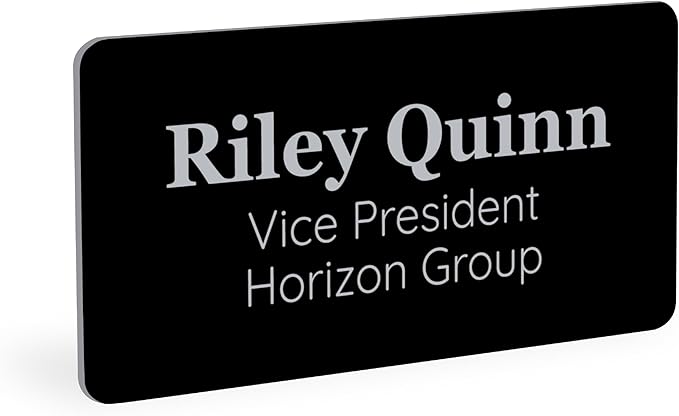 ExcelMark Custom Name Tag - Engraved Name Badge with Pin or Magnetic Backing, 16 Colors, 6 Fonts, and 2 Sizes to Choose from (Black w/Silver Letters, 1.5"x 3")