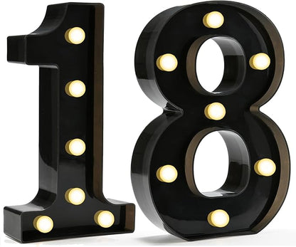 Pooqla Decorative Led Light Up Number Letters, Black Plastic Marquee Number Lights Sign for 18th Birthday Party Wedding Decor Battery Operated Black Decoration 18