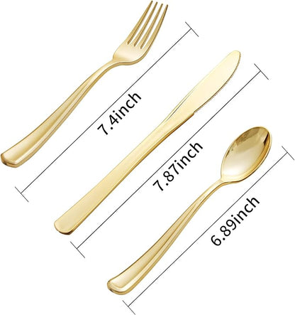 bUCLA 600 Pieces Gold Plastic Silverware - Disposable Gold Utensils - Heavyweight Plastic Cutlery set- 200 Forks, 200 Spoons, 200 Knives for Party & Thanksgiving