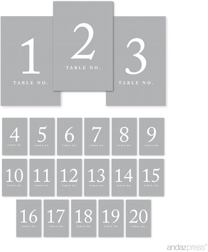 Andaz Press Gray Table Numbers 1-20, 4x6-Inches Table Number Cards For Reception, Restaurant, Classroom