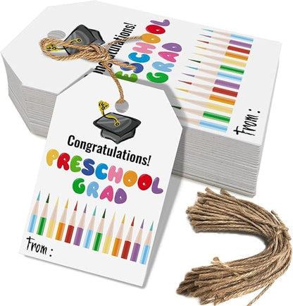 50 Pcs Pre School Graduation Gift Tags, Colorful Congratulations Gift Labels for Graduation Party Decoration Favors (pre School, 2.2 * 3.5)