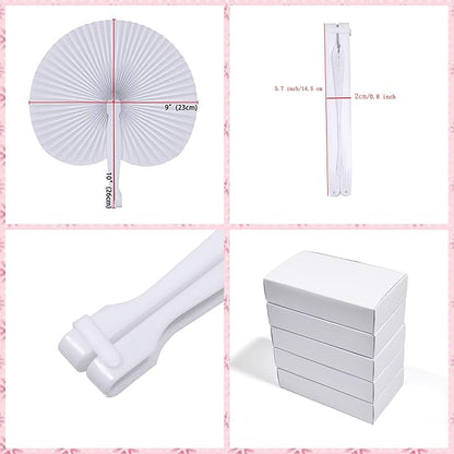 12 Pcs White Round Paper Folding Fans,Decorative Wedding Foldable Hand Handheld Fans Chinese and Japanese Fan Bulk for Bridal Guest Church Party Favors Dancing Birthday DIY