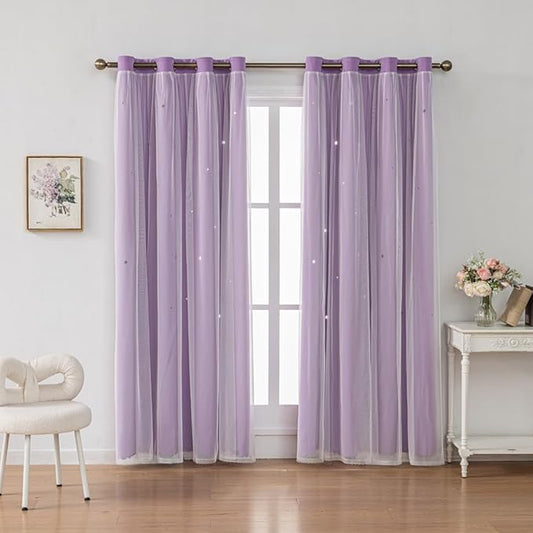 Ombre Rainbow Blackout Curtains for Kid Girls Bedroom Living Room Darking Stripe Double Layer Star Cut Out Wall Home Decor Gradient Grommet Window Curtains (Purple 84L)