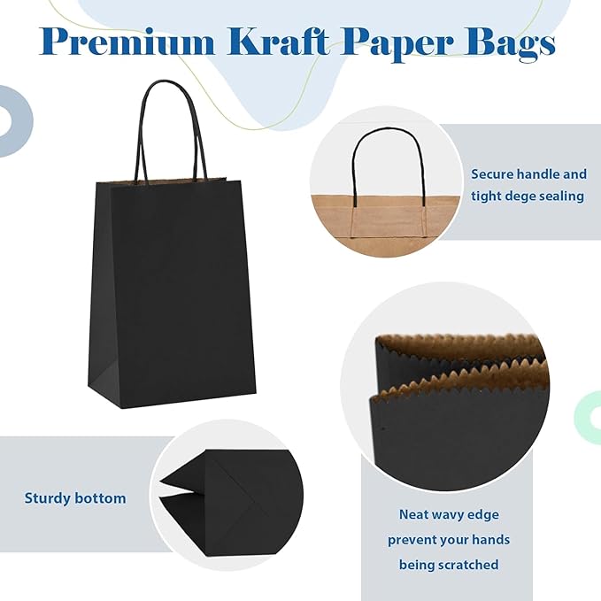 GSSUSA 200 Pack Black Paper Gift Bags 5.25x3.75x8'', Black Kraft Bags with Handles Bulk for Shopping, Craft, Grocery, Party, Retail, Lunch, Business, Wedding, Merchandise, Boutique