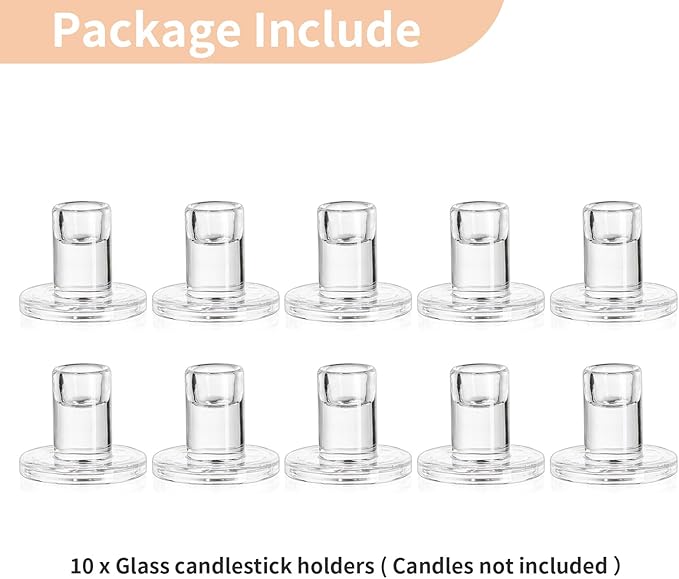 NUPTIO Glass Candle Stick Holder: Set of 10 Clear Small Taper Candlestick Holders for Tapered Candles Bulk Crystal Short Tapers Candlesticks Candleholder for Dining Table Fireplace Mantle Decor