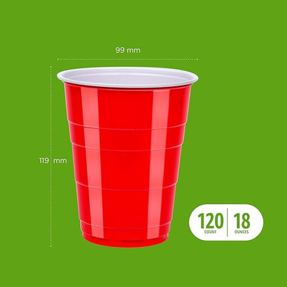 Amazon Basics Disposable Plastic Party Cups, Red, 18oz, 120 Count, Large Pack