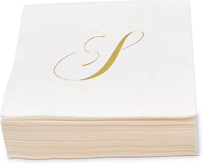 Gift Boutique 100 Gold Monogram Cocktail Napkins Letter S Disposable Paper Pack Elegant Metallic Golden Foil Hand Napkin for Powder Room Wedding Holiday Birthday Party Baby Shower Decorative Towels