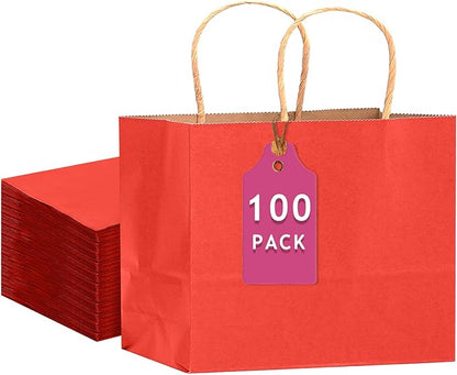qiqee 100PCS Large Gift Bag with Handles Bulk 13"x4.5"x10" Gift Bags Kraft Red Multiple Uses (32x11x25cm,Wide Large)