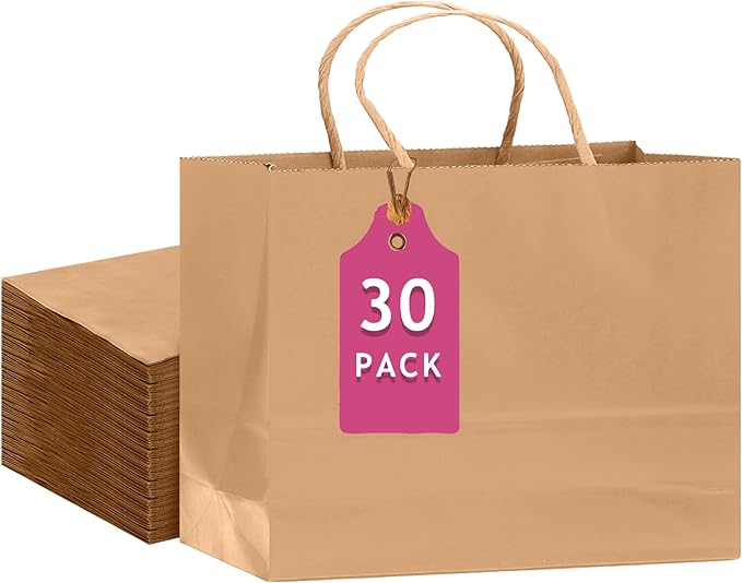 qiqee 30-Packs Brown Gift Bags with Handles Bulk 13"x4.5"x10" Wide Large Size Party Paper Bags